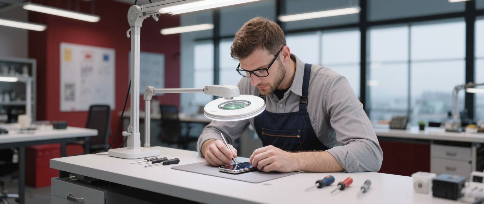 Techniker repariert ein Smartphone unter einer LED-Lupenlampe im RepairStore38