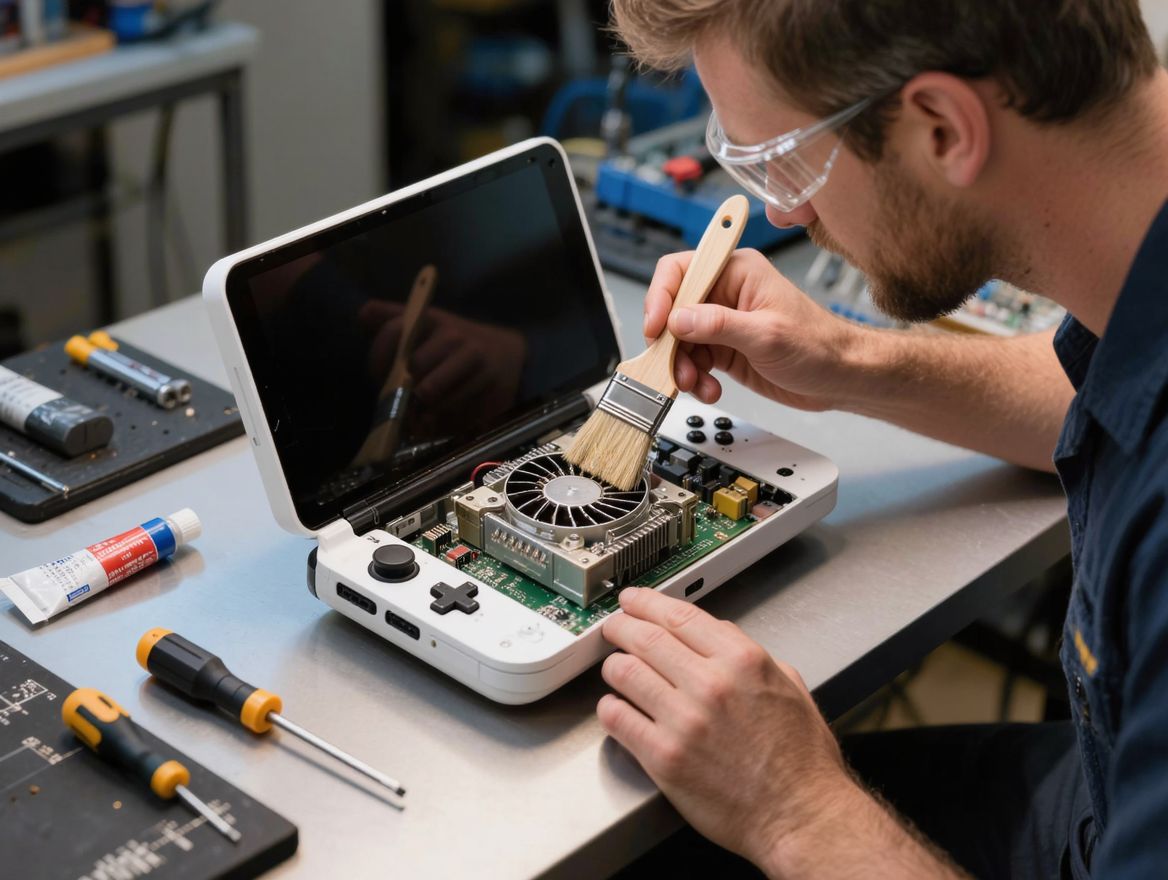 Reinigung des Lüfters einer geöffneten Spielekonsole