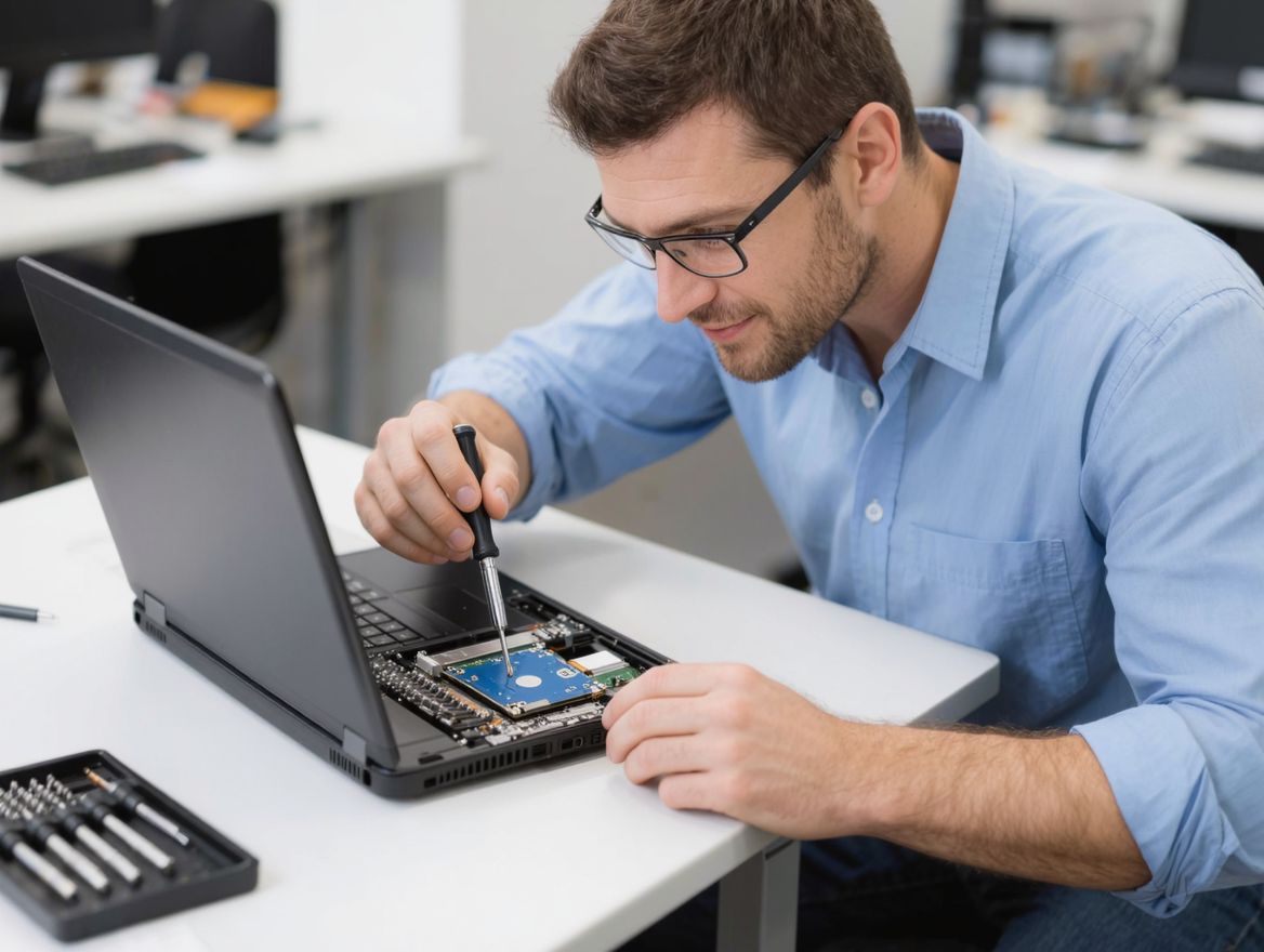 Techniker baut eine SSD in einen Laptop ein