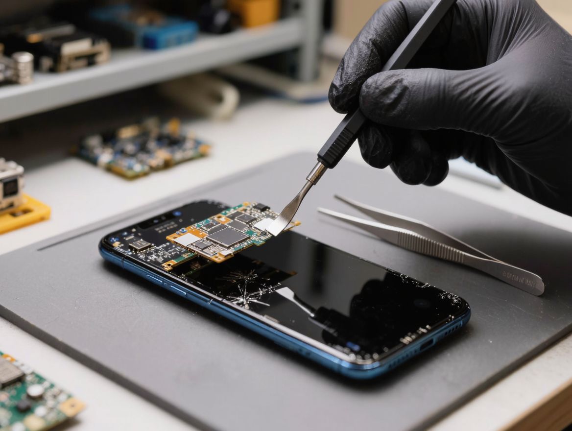 Techniker tauscht das Display eines Smartphones